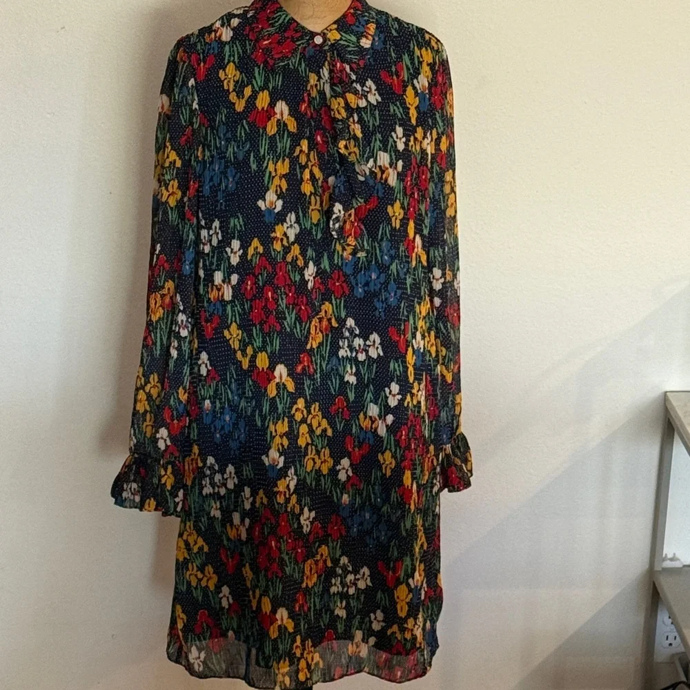 Tory Burch sz 4 Navy Floral Long Sleeve Dress with Ruffle Collar great condition - Picture 3 of 11